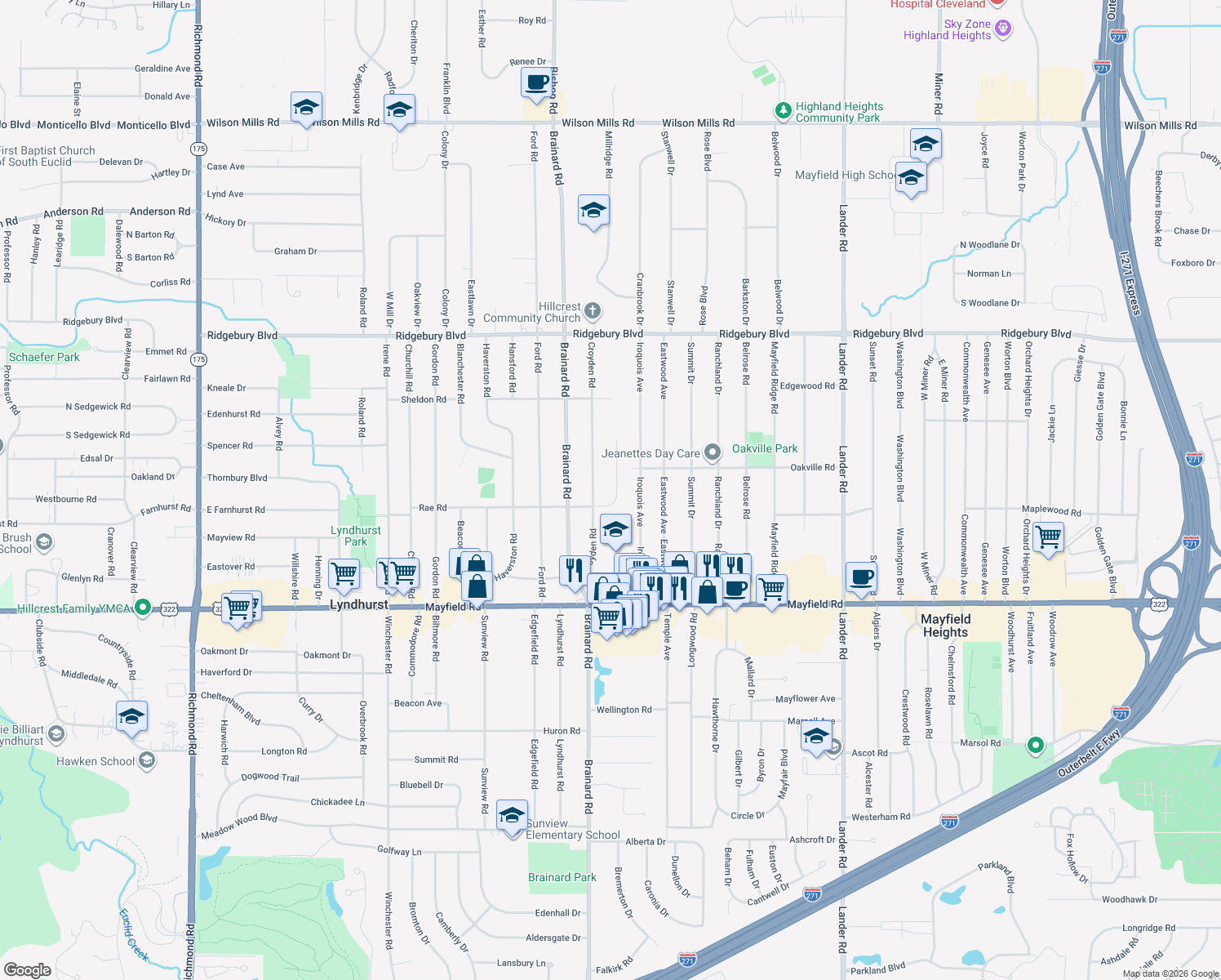 map of restaurants, bars, coffee shops, grocery stores, and more near 1286 Rae Rd in Lyndhurst