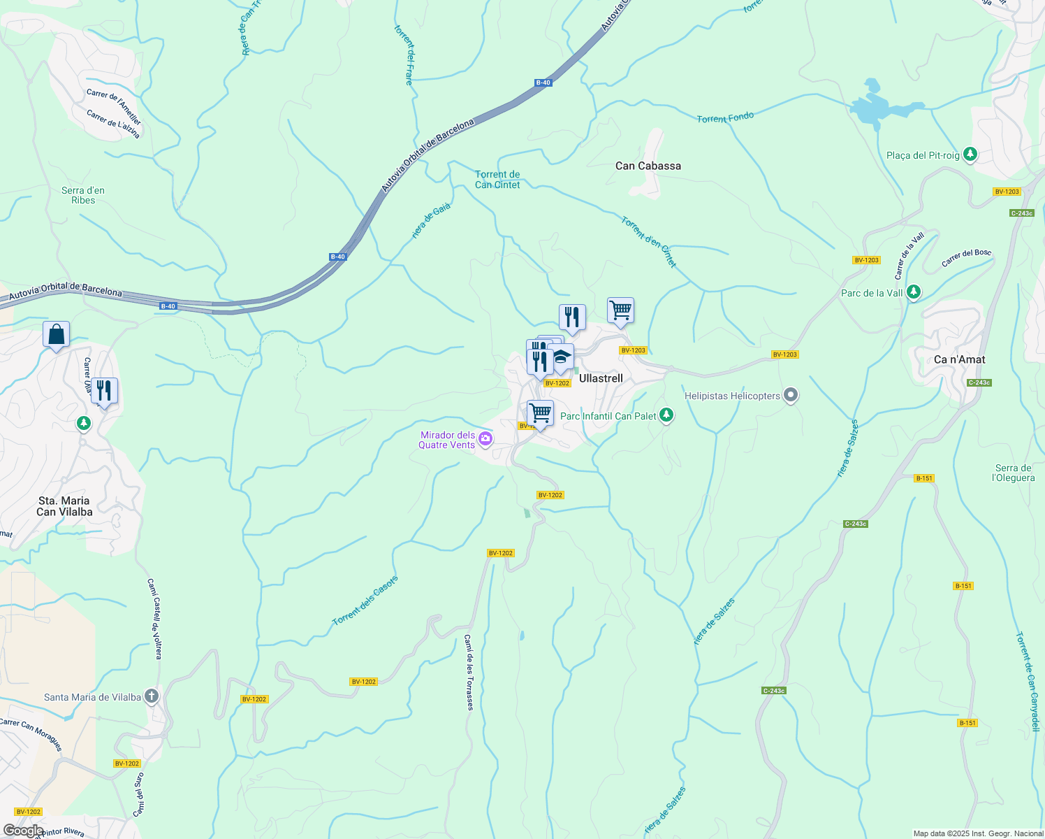 map of restaurants, bars, coffee shops, grocery stores, and more near 34 BV-1202 in Ullastrell