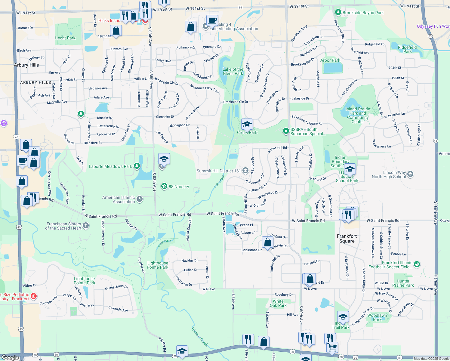 map of restaurants, bars, coffee shops, grocery stores, and more near 20208 South Rosewood Drive in Frankfort