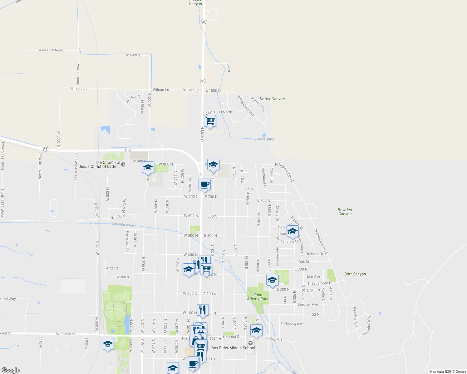 map of restaurants, bars, coffee shops, grocery stores, and more near 771 North 300 East in Brigham City