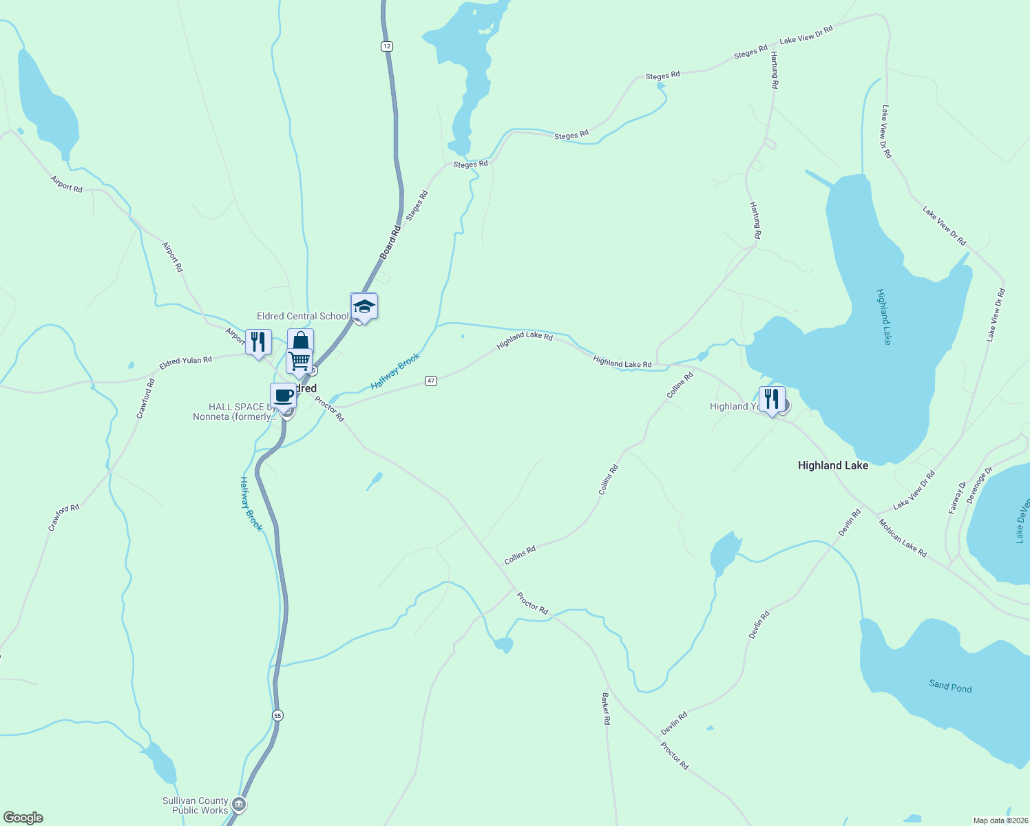 map of restaurants, bars, coffee shops, grocery stores, and more near 30 Highland Lake Rd in Eldred