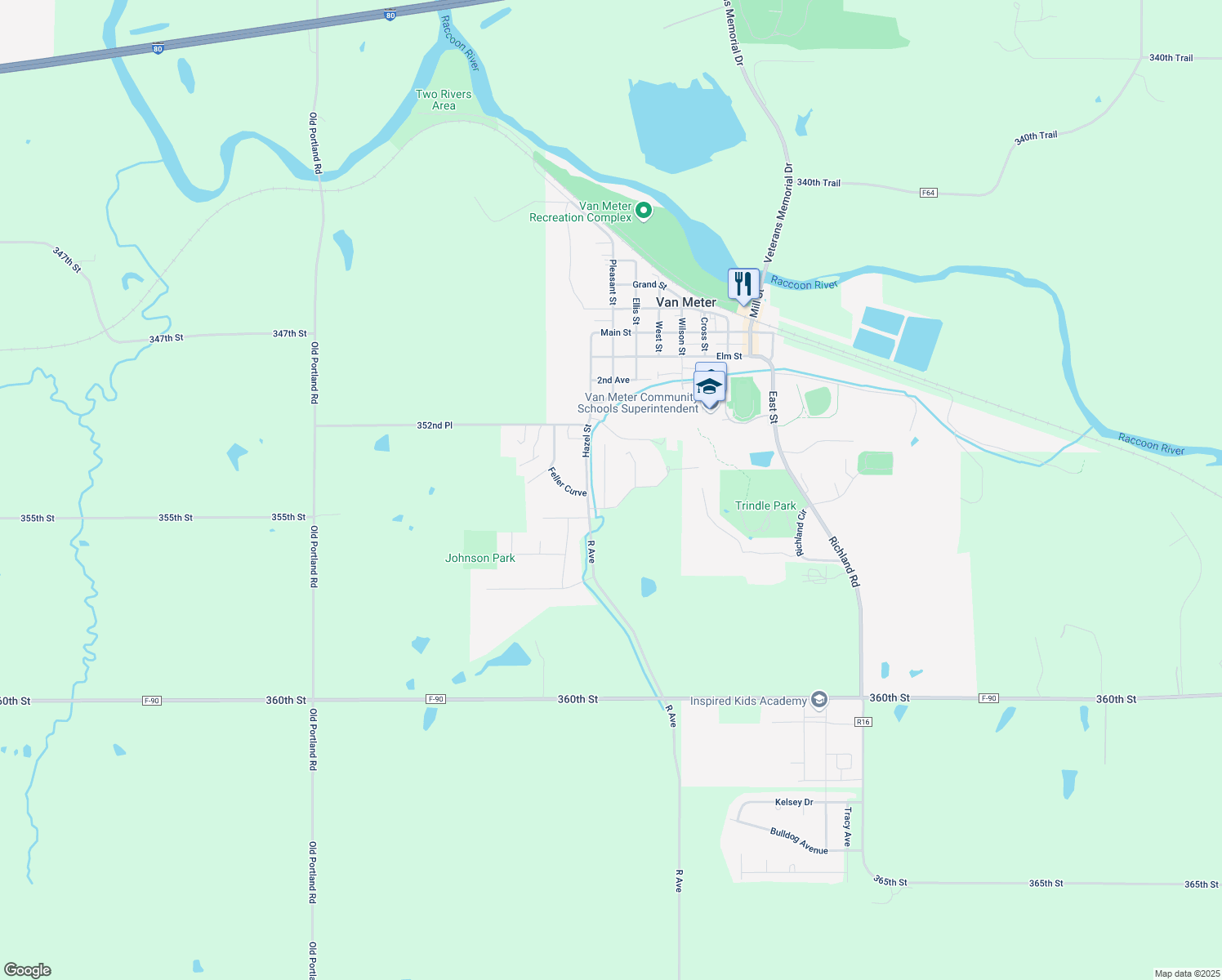 map of restaurants, bars, coffee shops, grocery stores, and more near 2408 Pine Ct in Van Meter