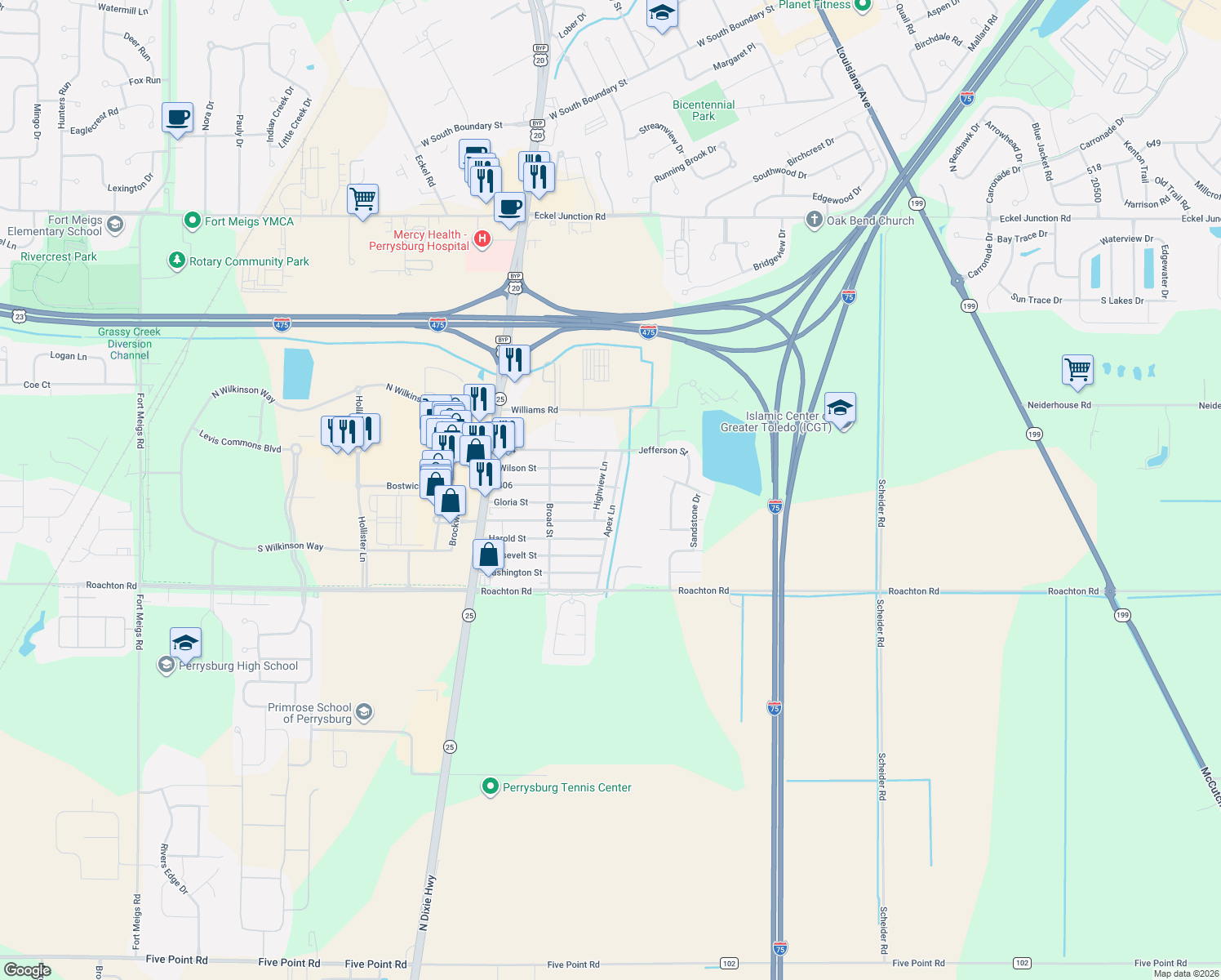 map of restaurants, bars, coffee shops, grocery stores, and more near 25777 Apex Lane in Perrysburg
