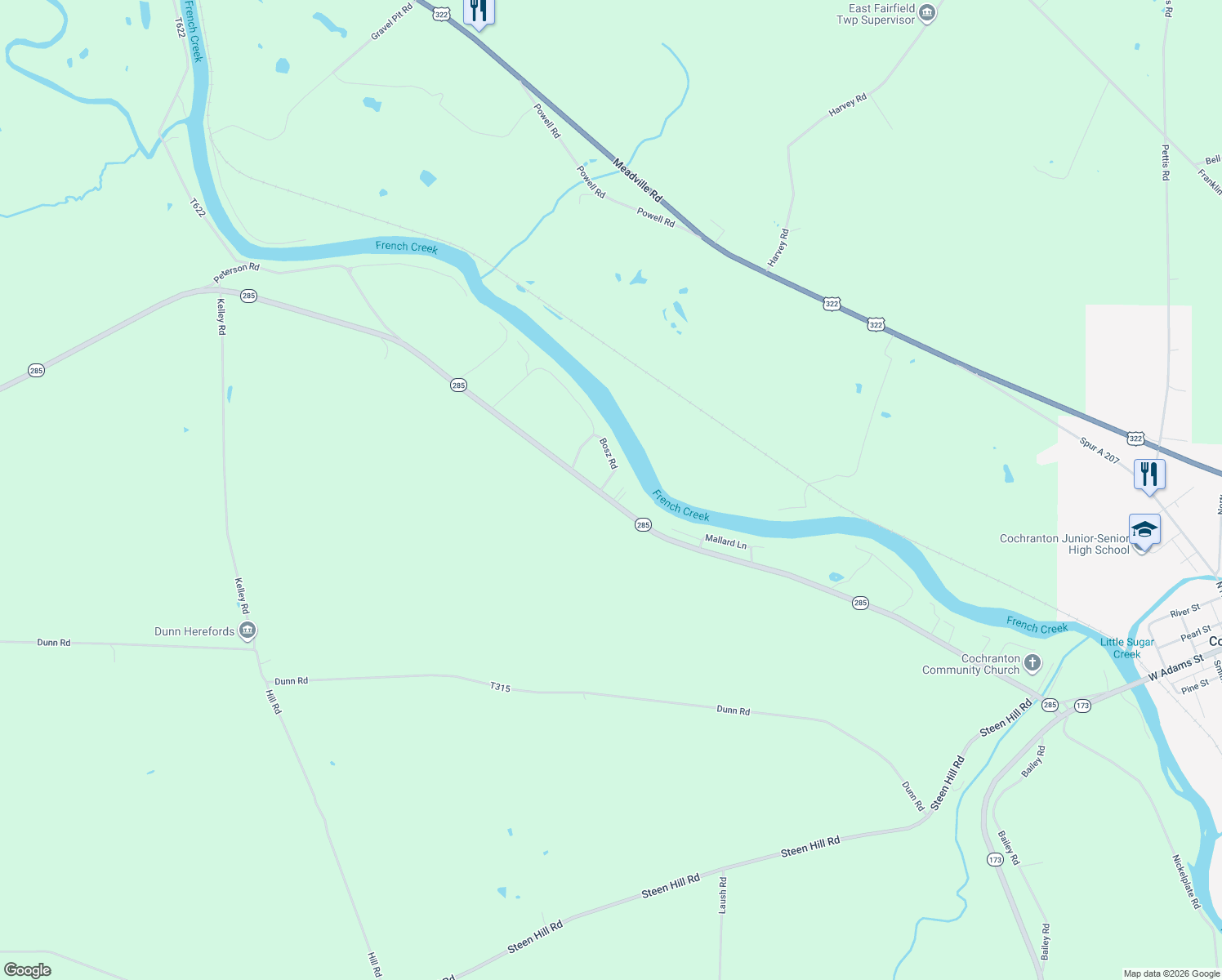 map of restaurants, bars, coffee shops, grocery stores, and more near 22744 Pennsylvania 285 in Cochranton