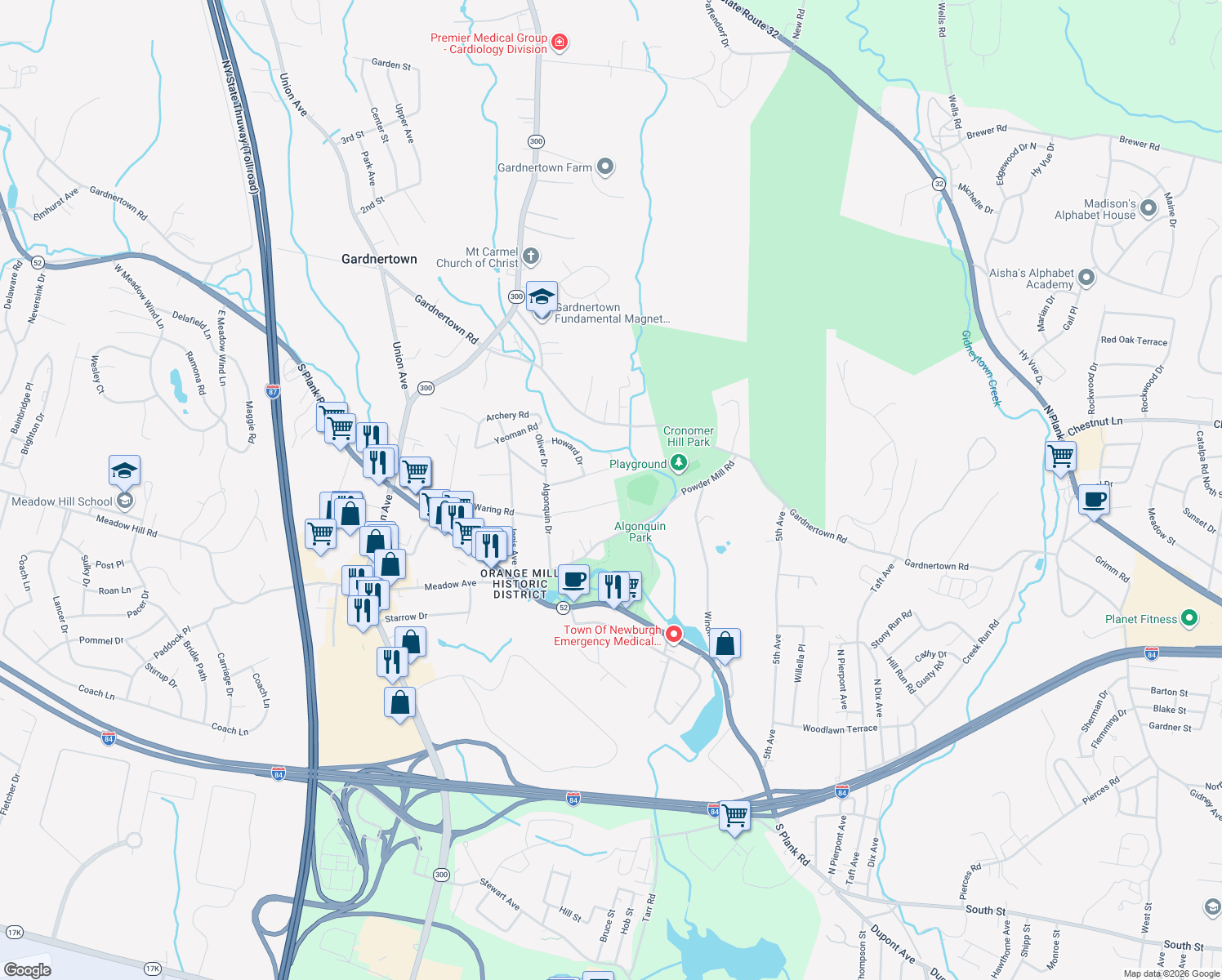 map of restaurants, bars, coffee shops, grocery stores, and more near 45 Waring Rd in Newburgh