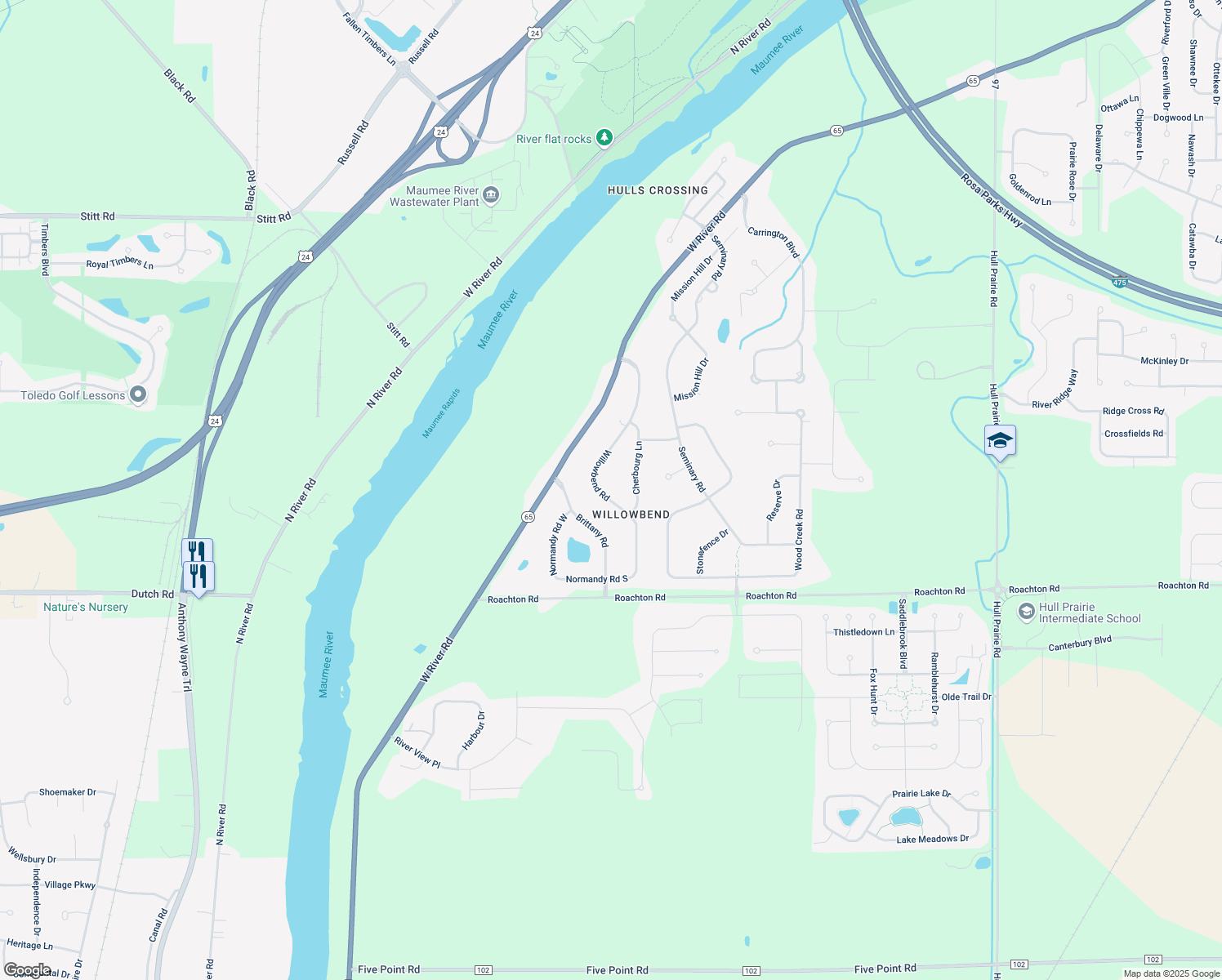 map of restaurants, bars, coffee shops, grocery stores, and more near 25784 Willowbend Road in Perrysburg