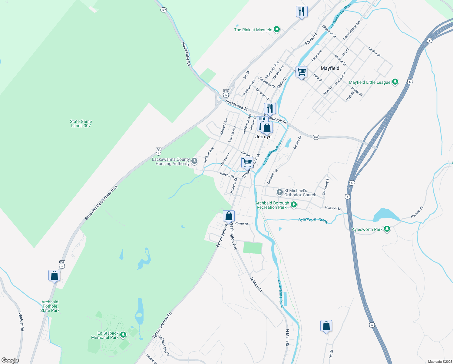 map of restaurants, bars, coffee shops, grocery stores, and more near 331 Mckinley Ave in Jermyn