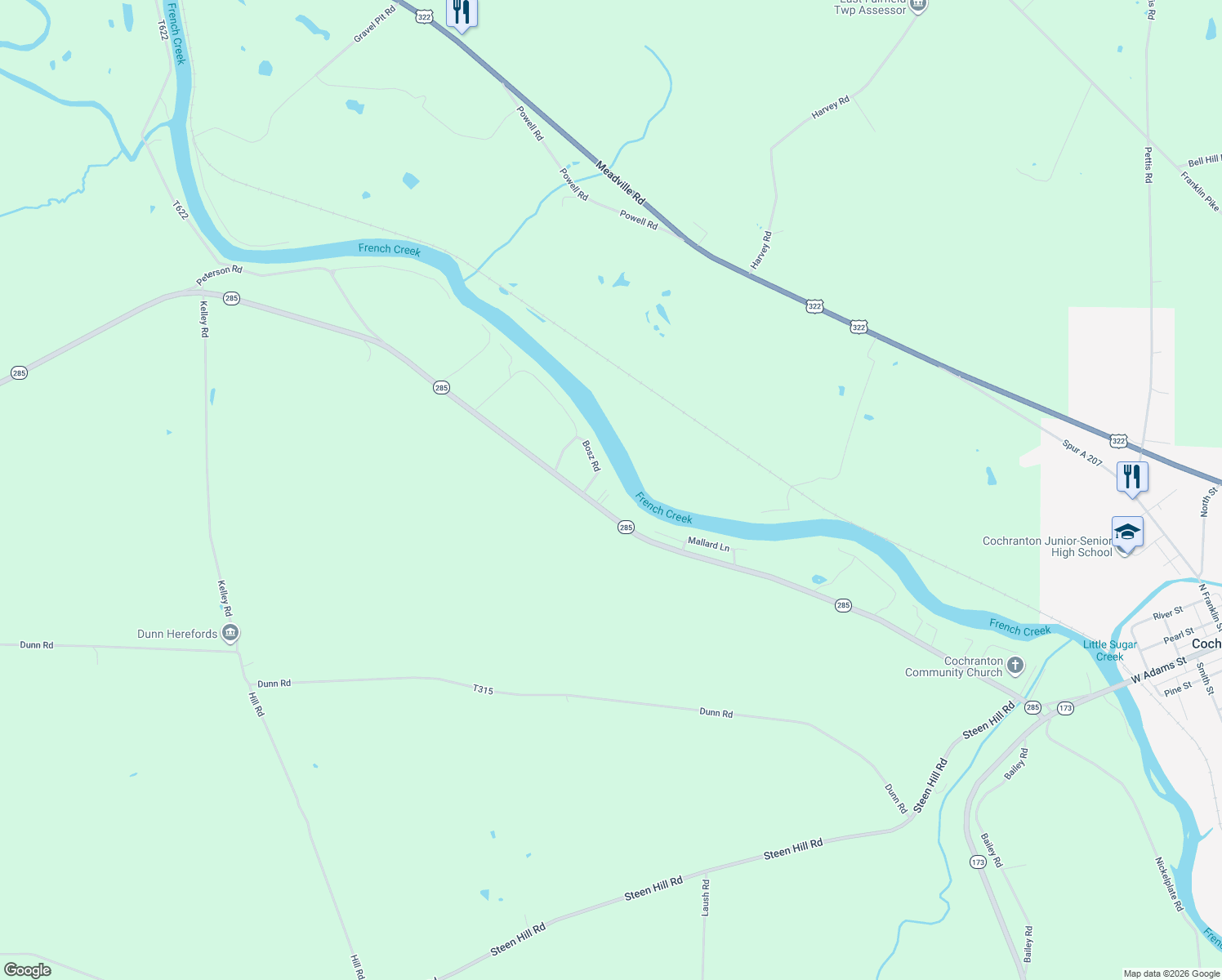 map of restaurants, bars, coffee shops, grocery stores, and more near 22744 Highway 285 in Cochranton