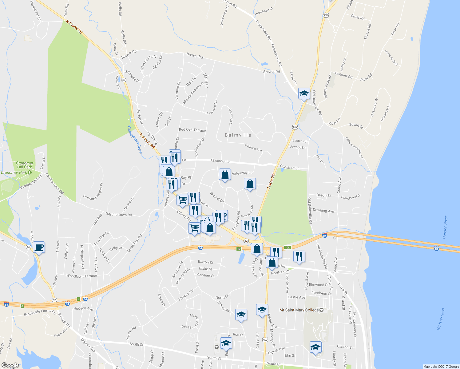 map of restaurants, bars, coffee shops, grocery stores, and more near 12 Catalpa Road North Side in Newburgh