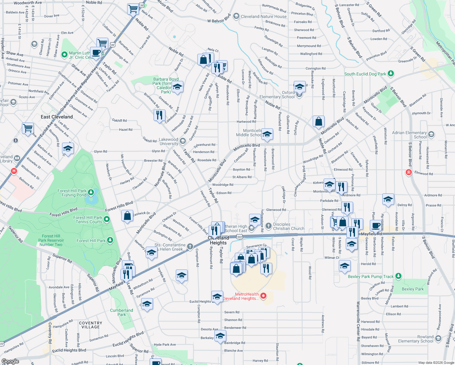 map of restaurants, bars, coffee shops, grocery stores, and more near 3467 Woodridge Road in Cleveland Heights