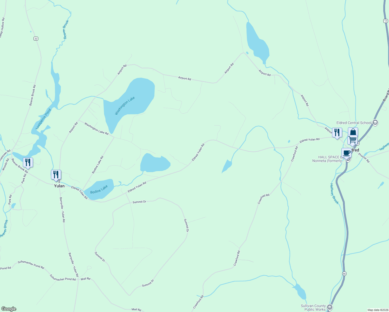 map of restaurants, bars, coffee shops, grocery stores, and more near 112 Eldred-Yulan Road in Yulan