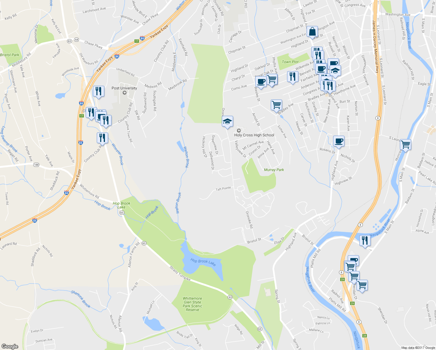 map of restaurants, bars, coffee shops, grocery stores, and more near 57 Barrington Lane in Waterbury