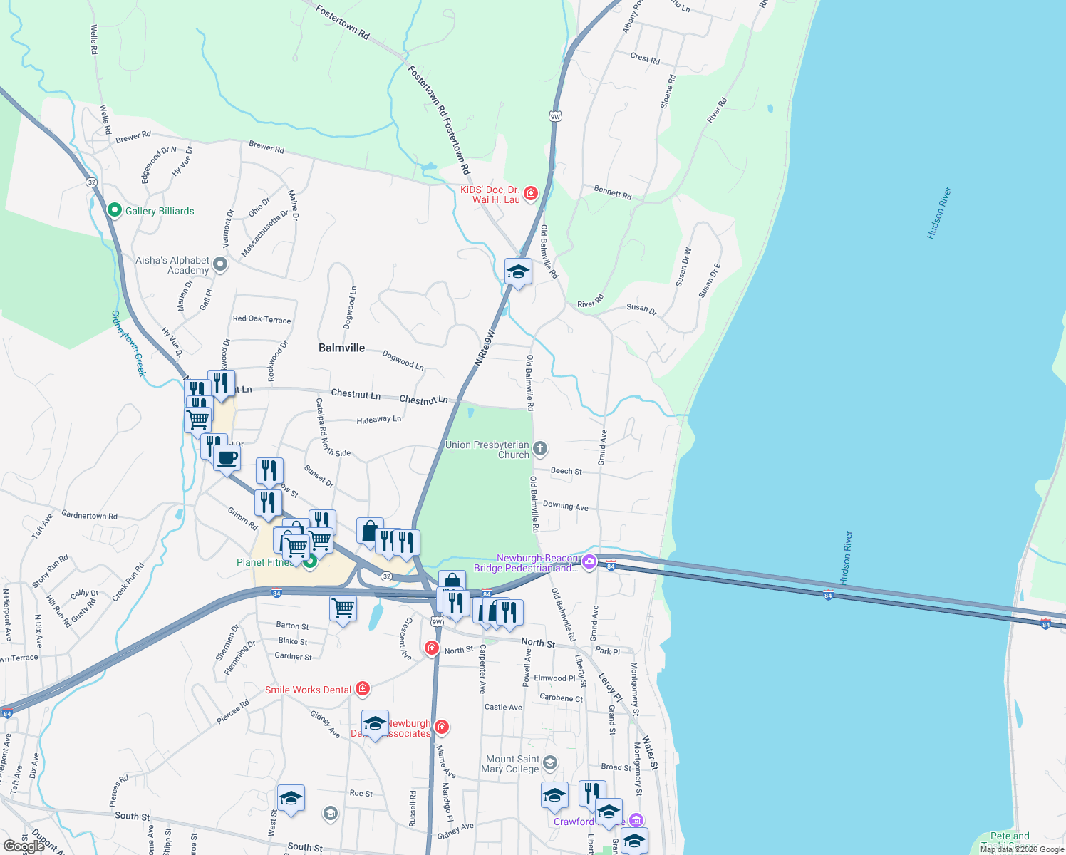 map of restaurants, bars, coffee shops, grocery stores, and more near Old Balmville Road in Newburgh