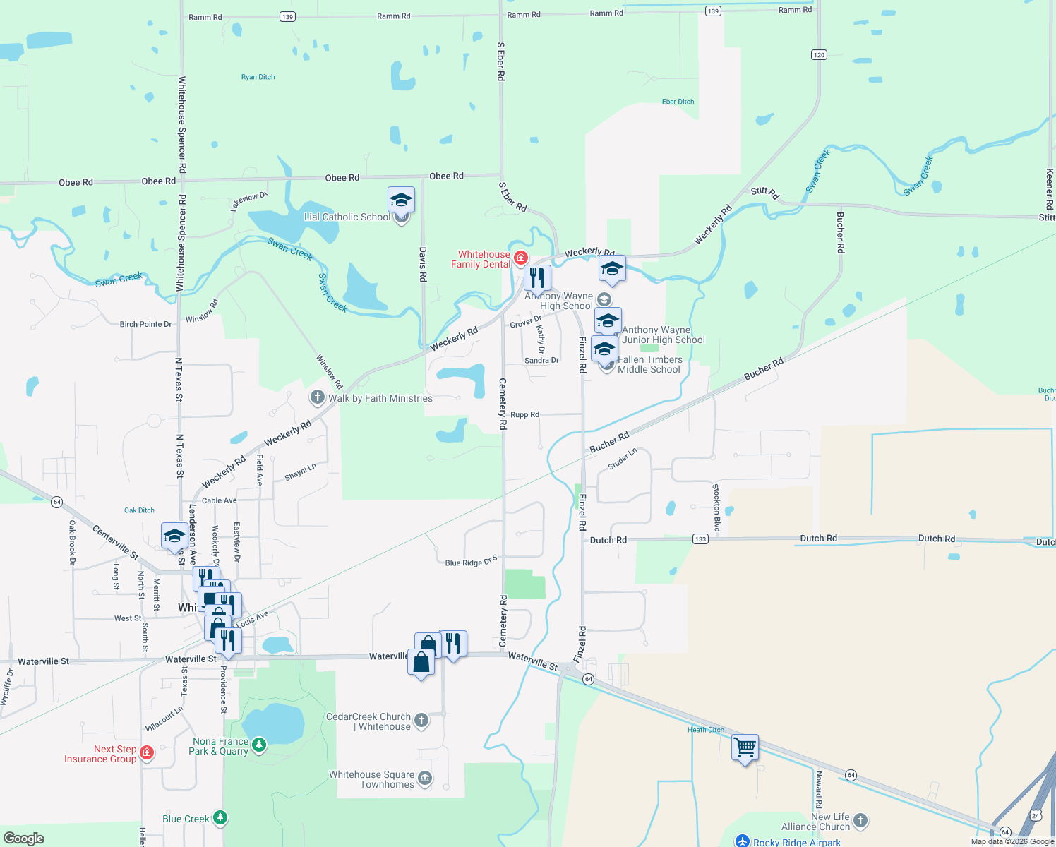map of restaurants, bars, coffee shops, grocery stores, and more near 10127 Rupp Rd in Whitehouse