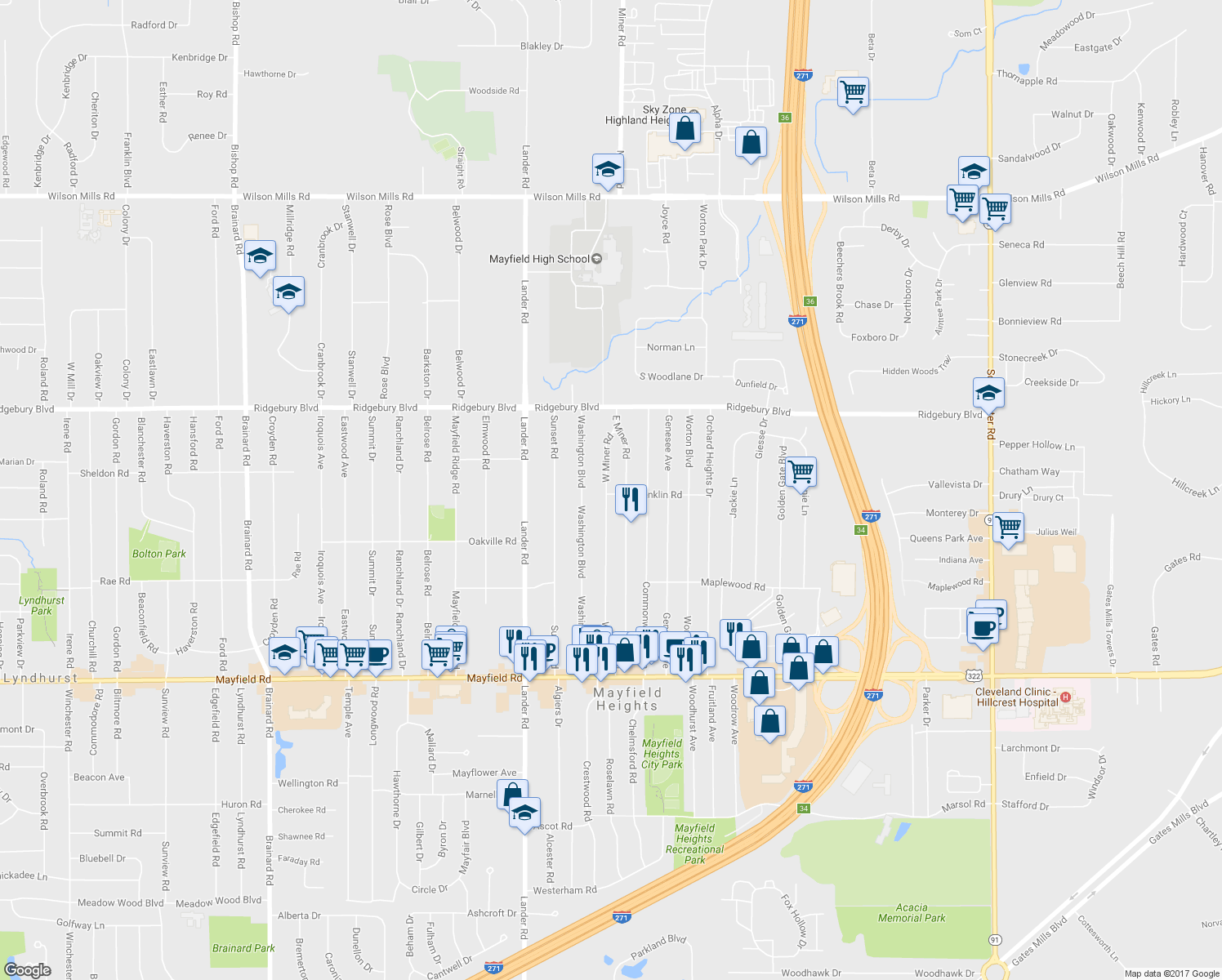 map of restaurants, bars, coffee shops, grocery stores, and more near 1215 West Miner Road in Mayfield Heights