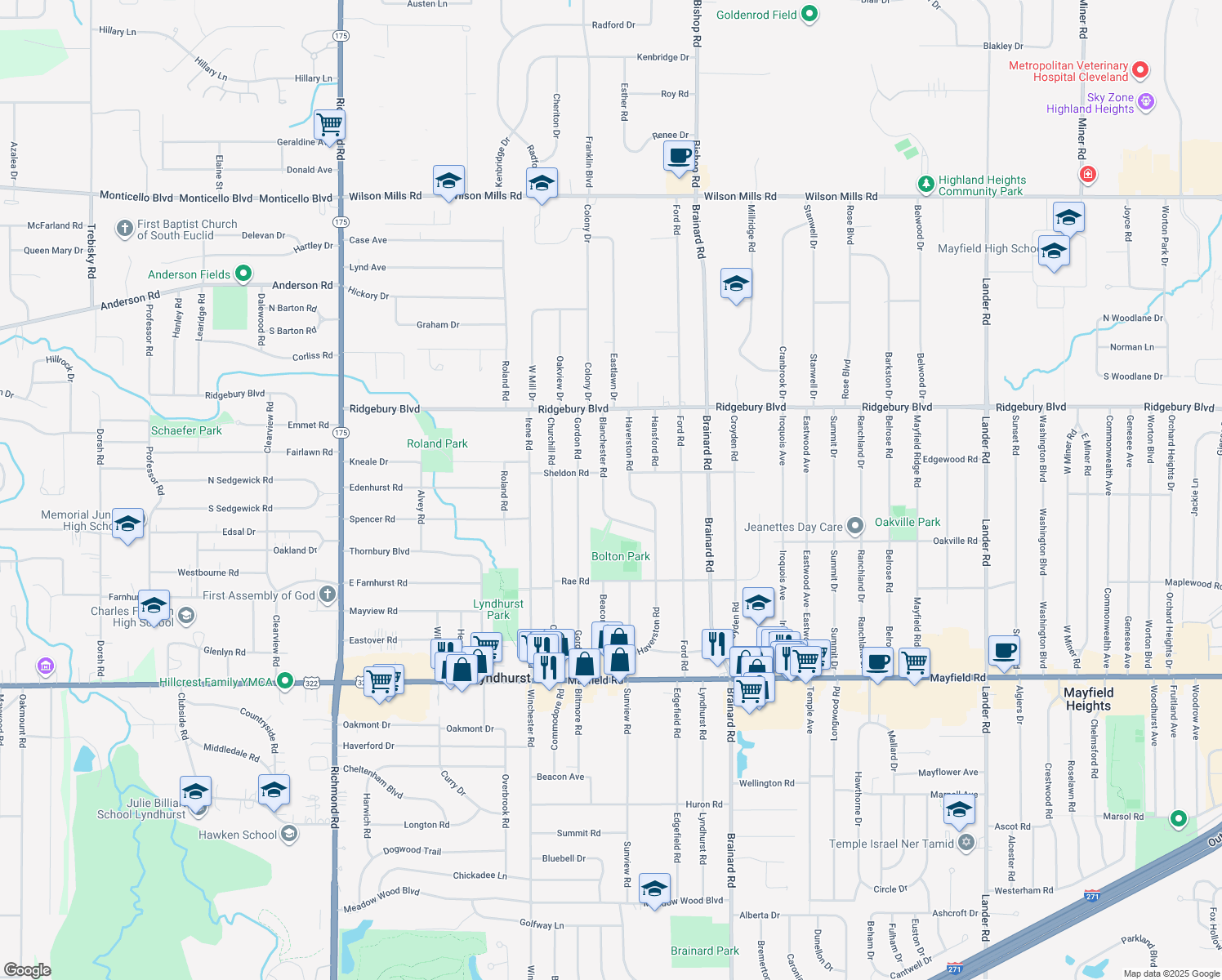 map of restaurants, bars, coffee shops, grocery stores, and more near 1199 Blanchester Road in Lyndhurst
