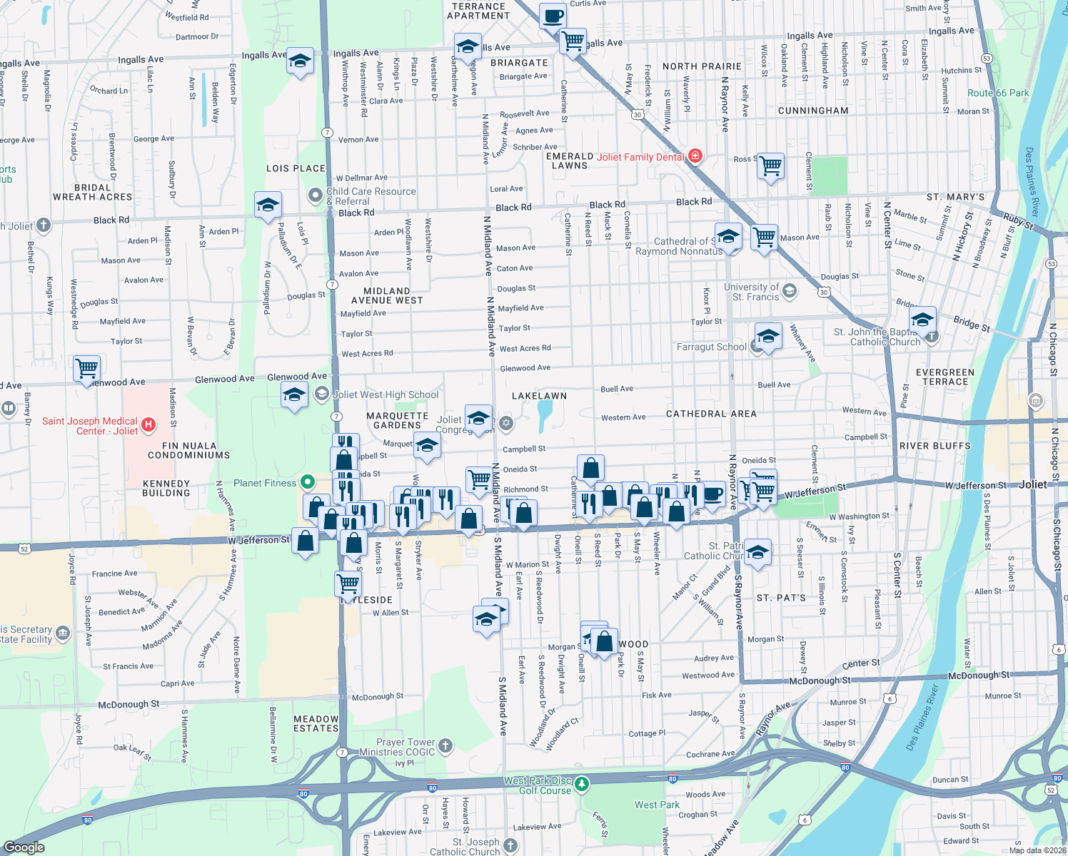 map of restaurants, bars, coffee shops, grocery stores, and more near 1226 Buell Court in Joliet