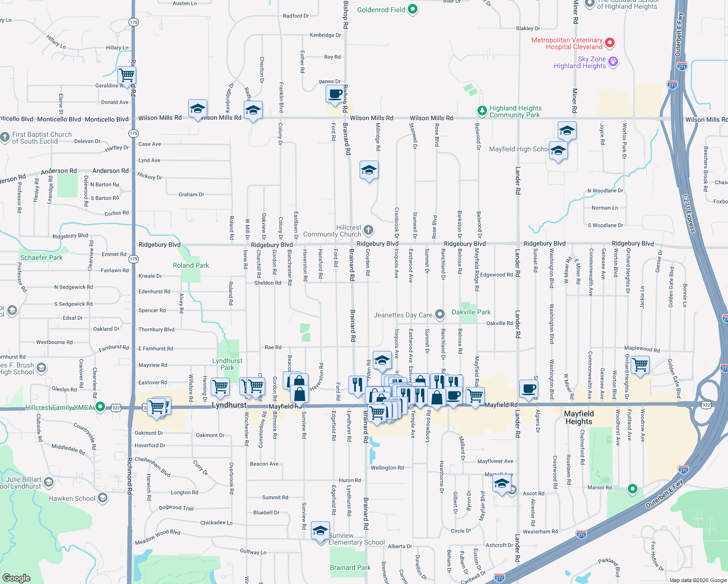 map of restaurants, bars, coffee shops, grocery stores, and more near 1198 Croyden Rd in Lyndhurst