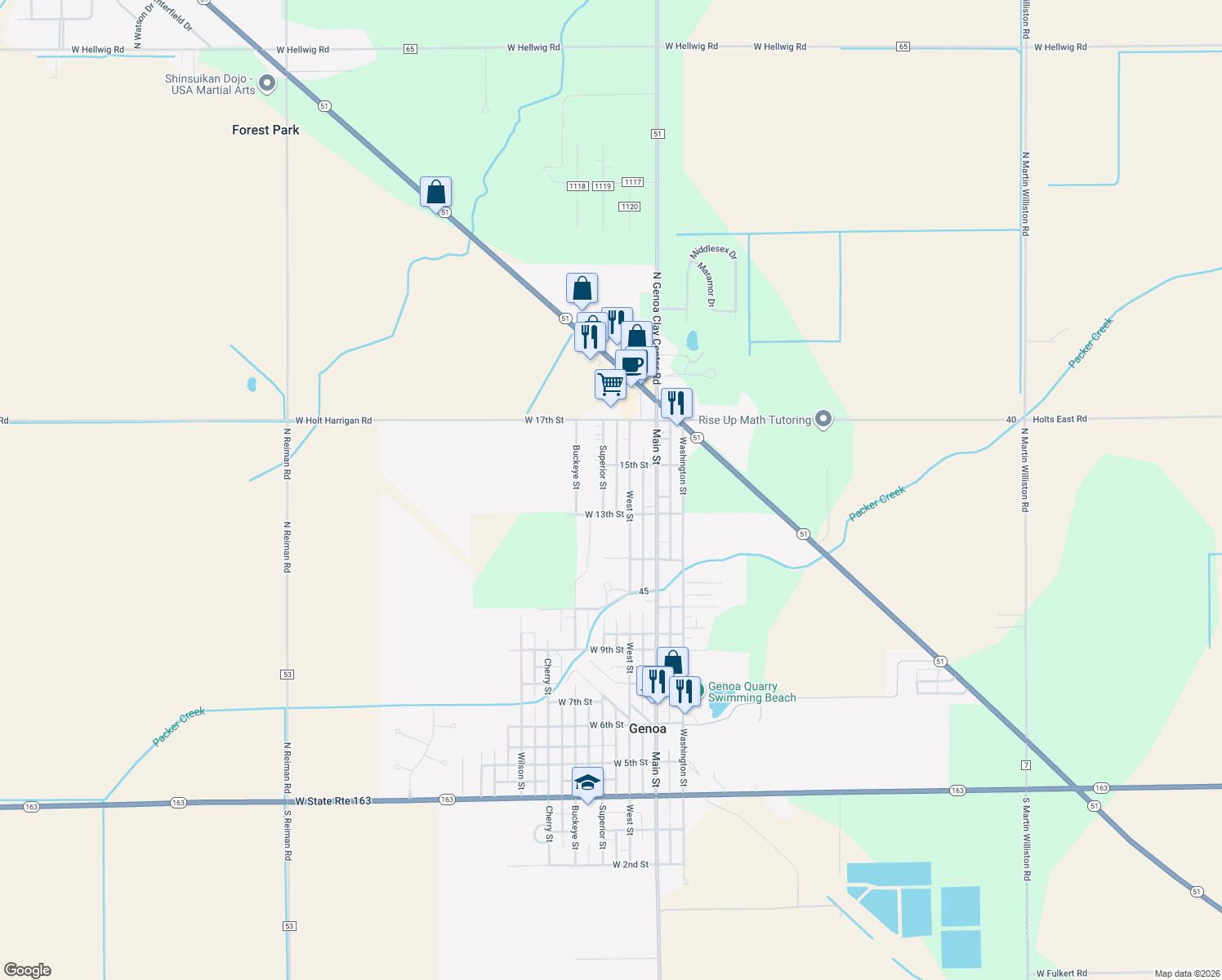 map of restaurants, bars, coffee shops, grocery stores, and more near 1313 Superior St in Genoa