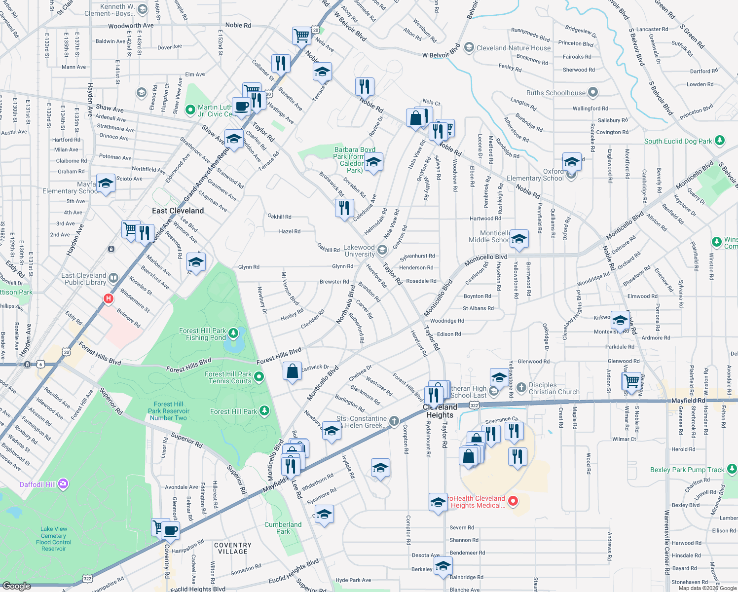 map of restaurants, bars, coffee shops, grocery stores, and more near 1090 Brandon Rd in Cleveland Heights