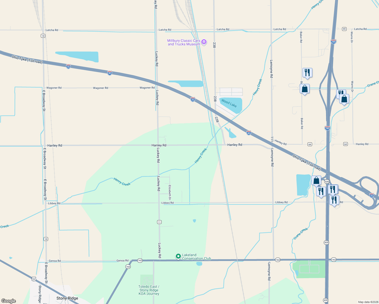 map of restaurants, bars, coffee shops, grocery stores, and more near 4691 Hanley Road in Millbury