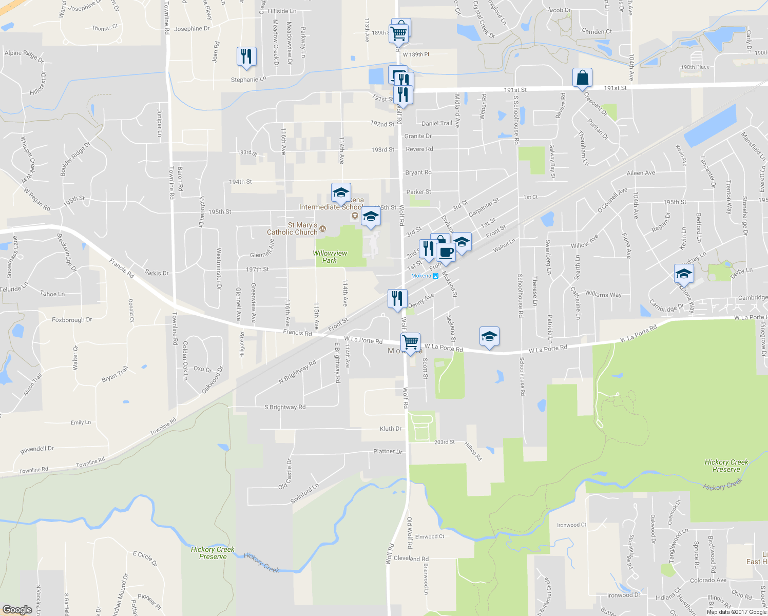 map of restaurants, bars, coffee shops, grocery stores, and more near 11246 Pin Oak Circle in Mokena