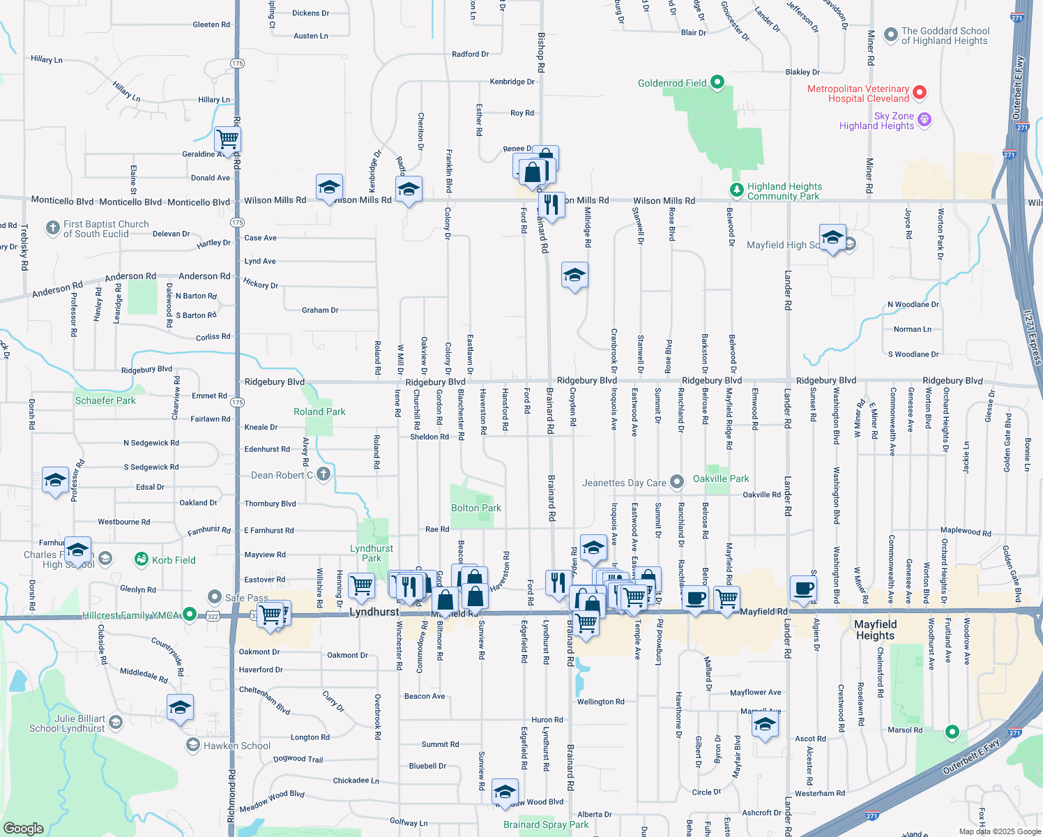 map of restaurants, bars, coffee shops, grocery stores, and more near 1144 Ford Road in Lyndhurst
