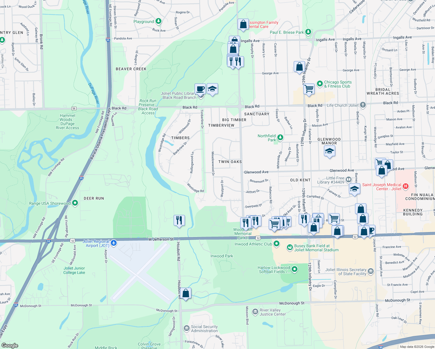 map of restaurants, bars, coffee shops, grocery stores, and more near 3305 Rosemont Dr in Joliet