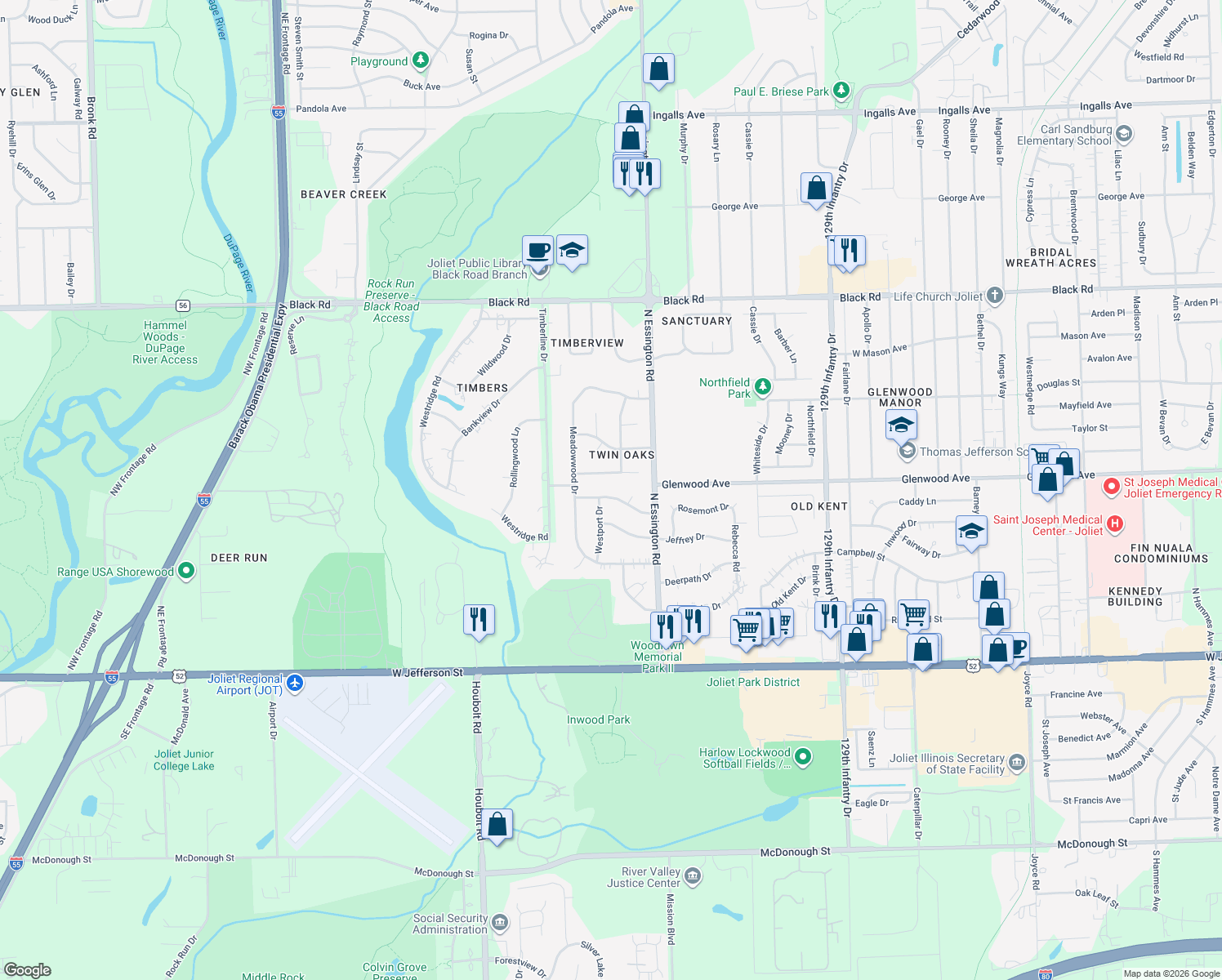 map of restaurants, bars, coffee shops, grocery stores, and more near 3227 Rosemont Dr in Joliet