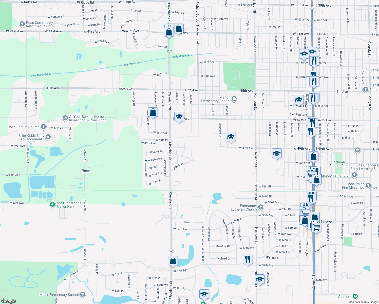 map of restaurants, bars, coffee shops, grocery stores, and more near 4924 Hayes St in Gary