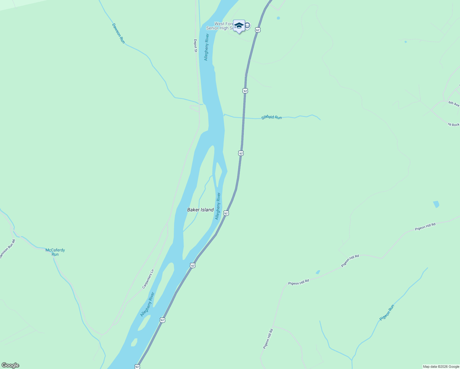 map of restaurants, bars, coffee shops, grocery stores, and more near U.S. 62 in Tionesta