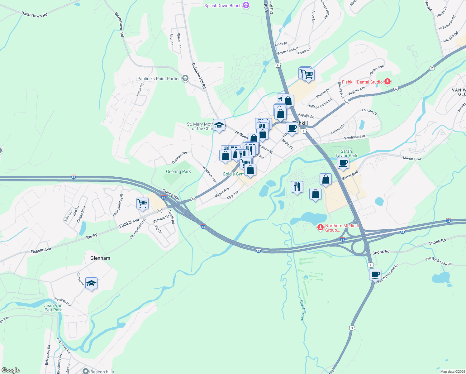 map of restaurants, bars, coffee shops, grocery stores, and more near 16 Maple Ave in Fishkill