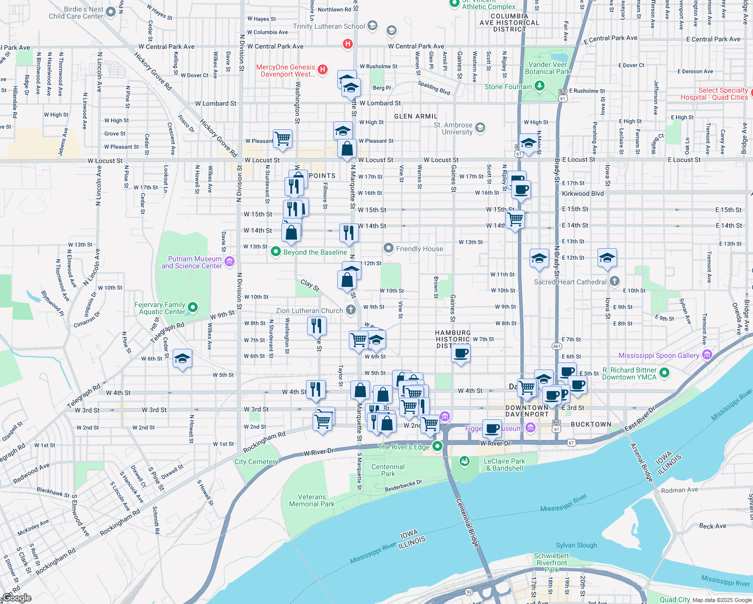 map of restaurants, bars, coffee shops, grocery stores, and more near 910 North Myrtle Street in Davenport