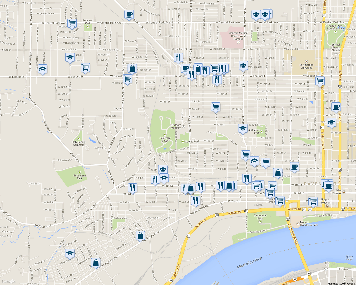 map of restaurants, bars, coffee shops, grocery stores, and more near 935 Wilkes Ave in Davenport