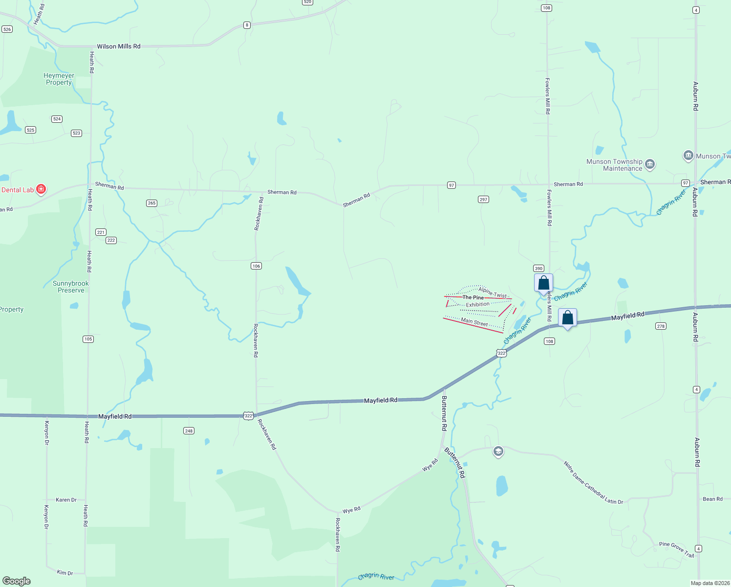 map of restaurants, bars, coffee shops, grocery stores, and more near 12480 Willshire Lane in Chardon