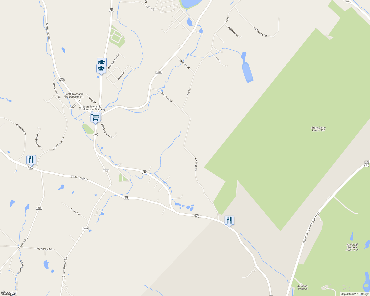 map of restaurants, bars, coffee shops, grocery stores, and more near Kapinus Road in Jermyn