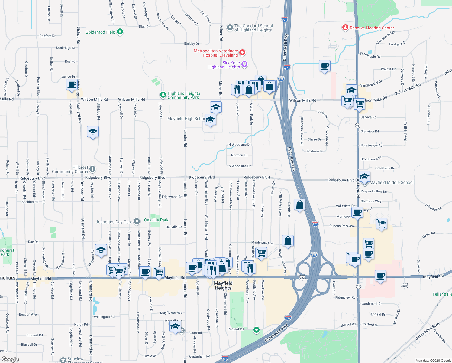 map of restaurants, bars, coffee shops, grocery stores, and more near 6154 Ridgebury Boulevard in Mayfield Heights