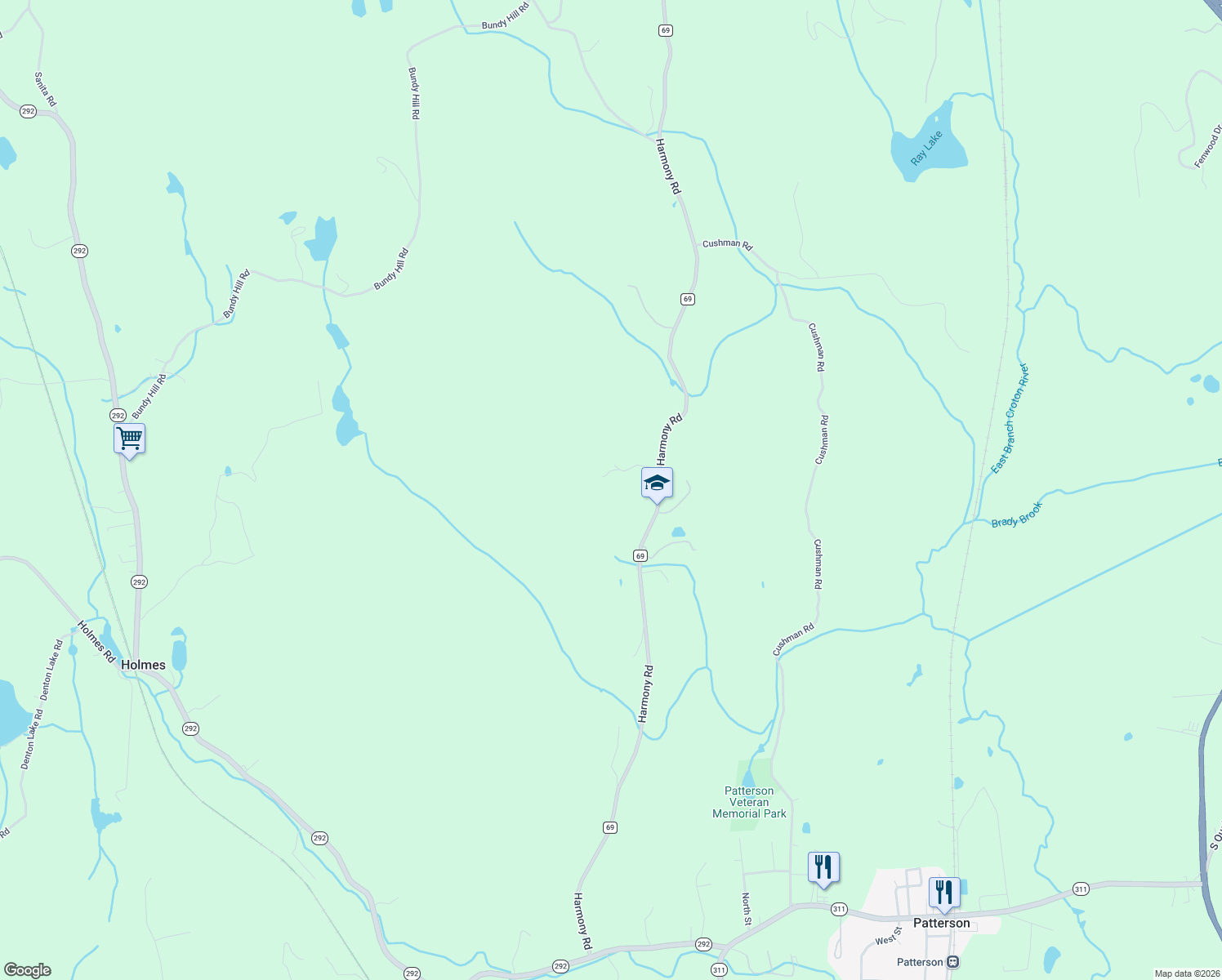 map of restaurants, bars, coffee shops, grocery stores, and more near 120 Harmony Road in Pawling