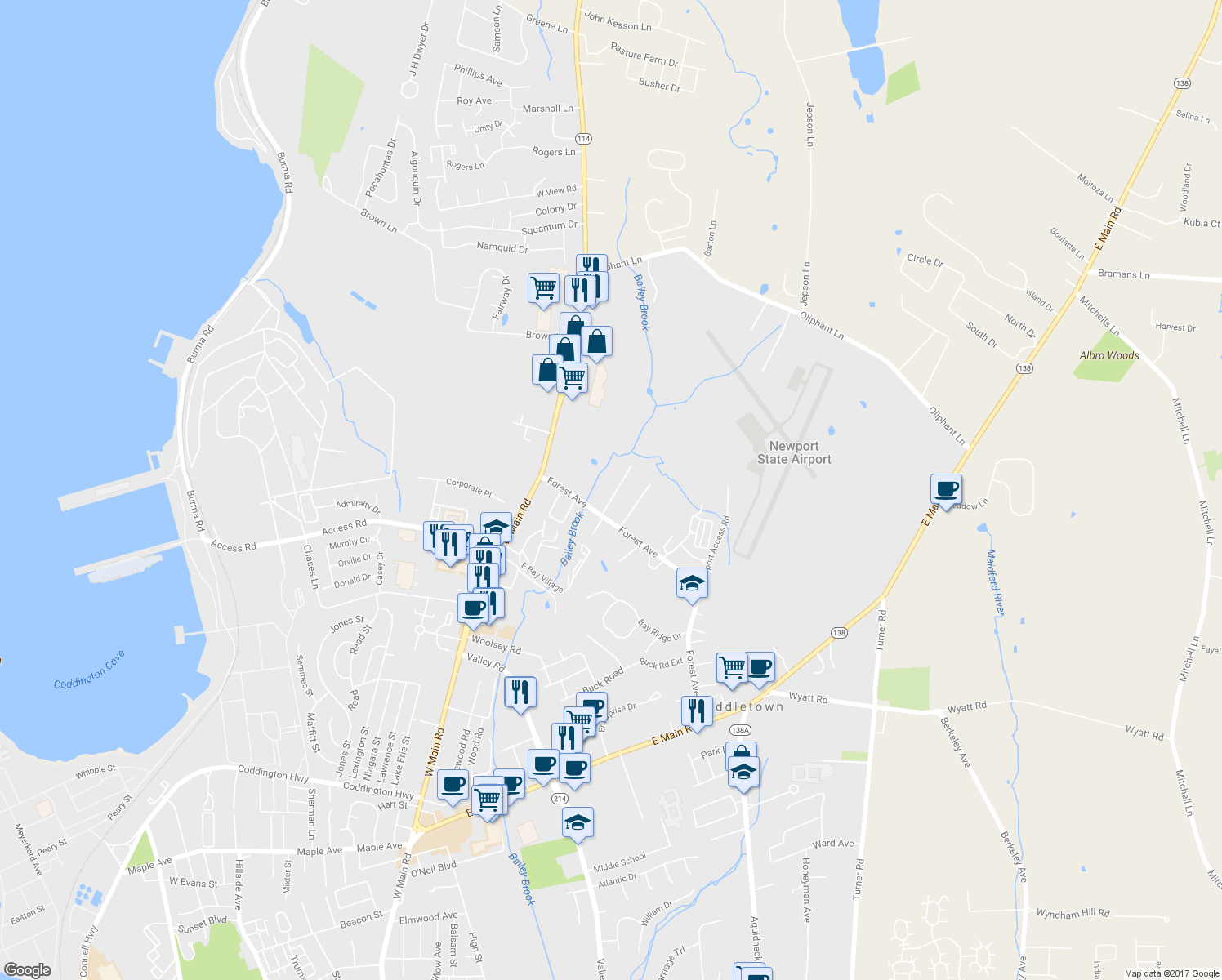 map of restaurants, bars, coffee shops, grocery stores, and more near 6 Champlin Terrace in Middletown
