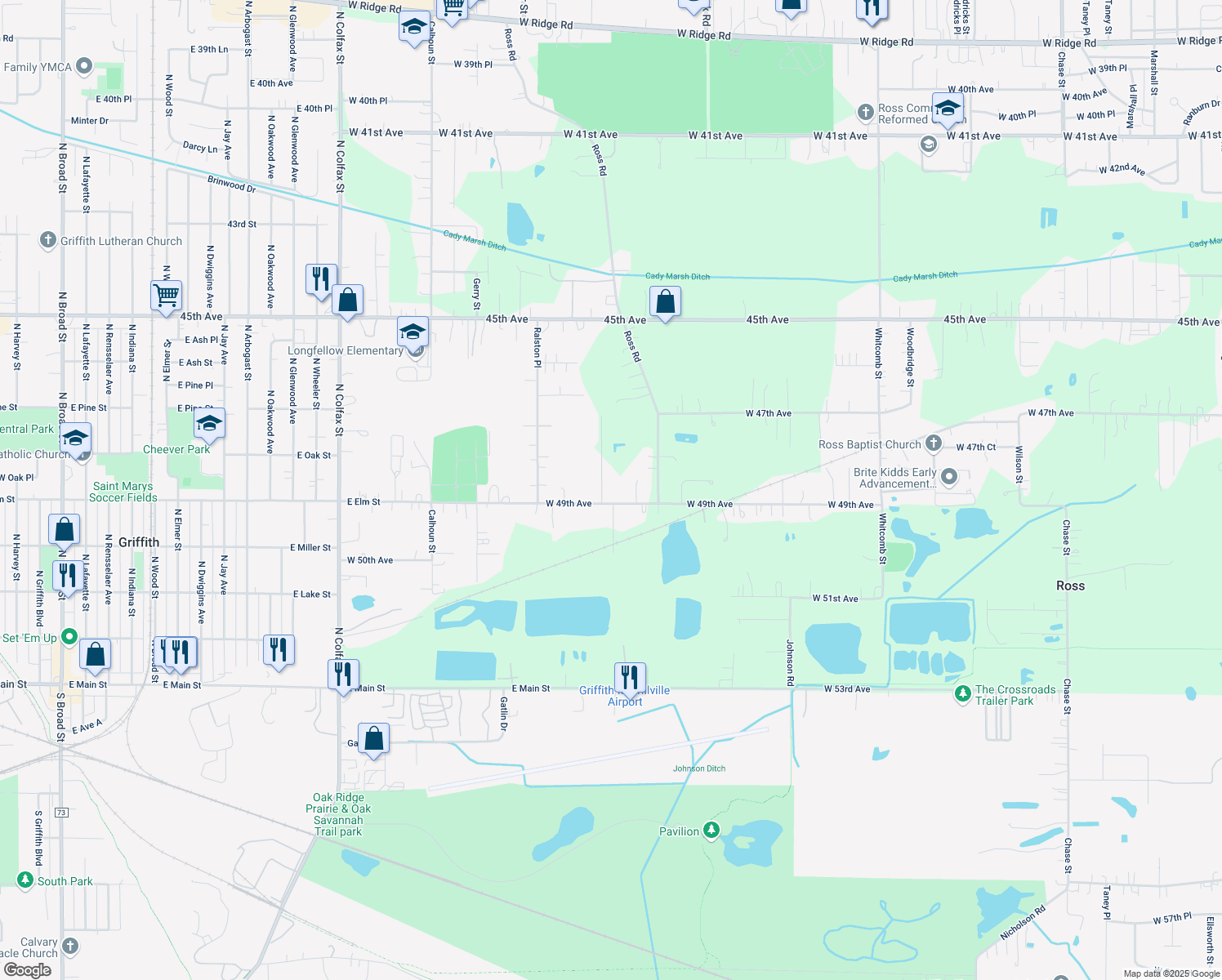 map of restaurants, bars, coffee shops, grocery stores, and more near 1806 E Elm St in Griffith