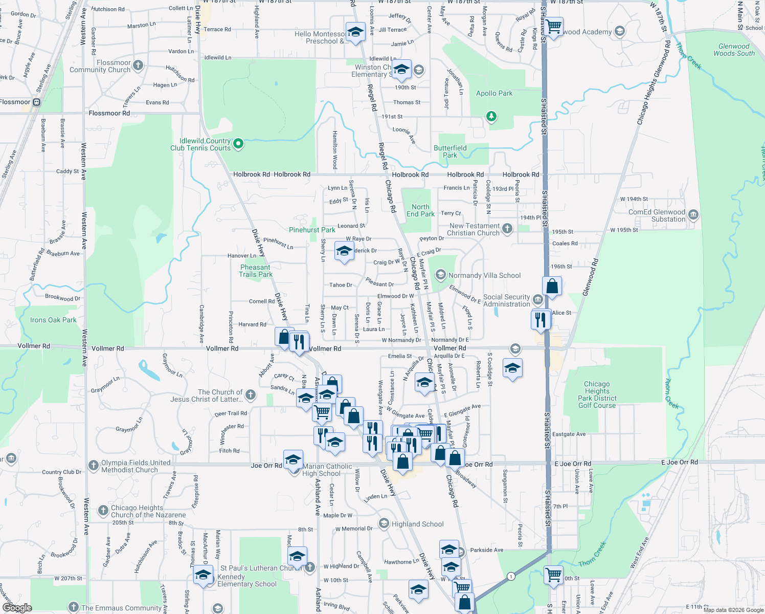 map of restaurants, bars, coffee shops, grocery stores, and more near 135 Grace Ln in Chicago Heights