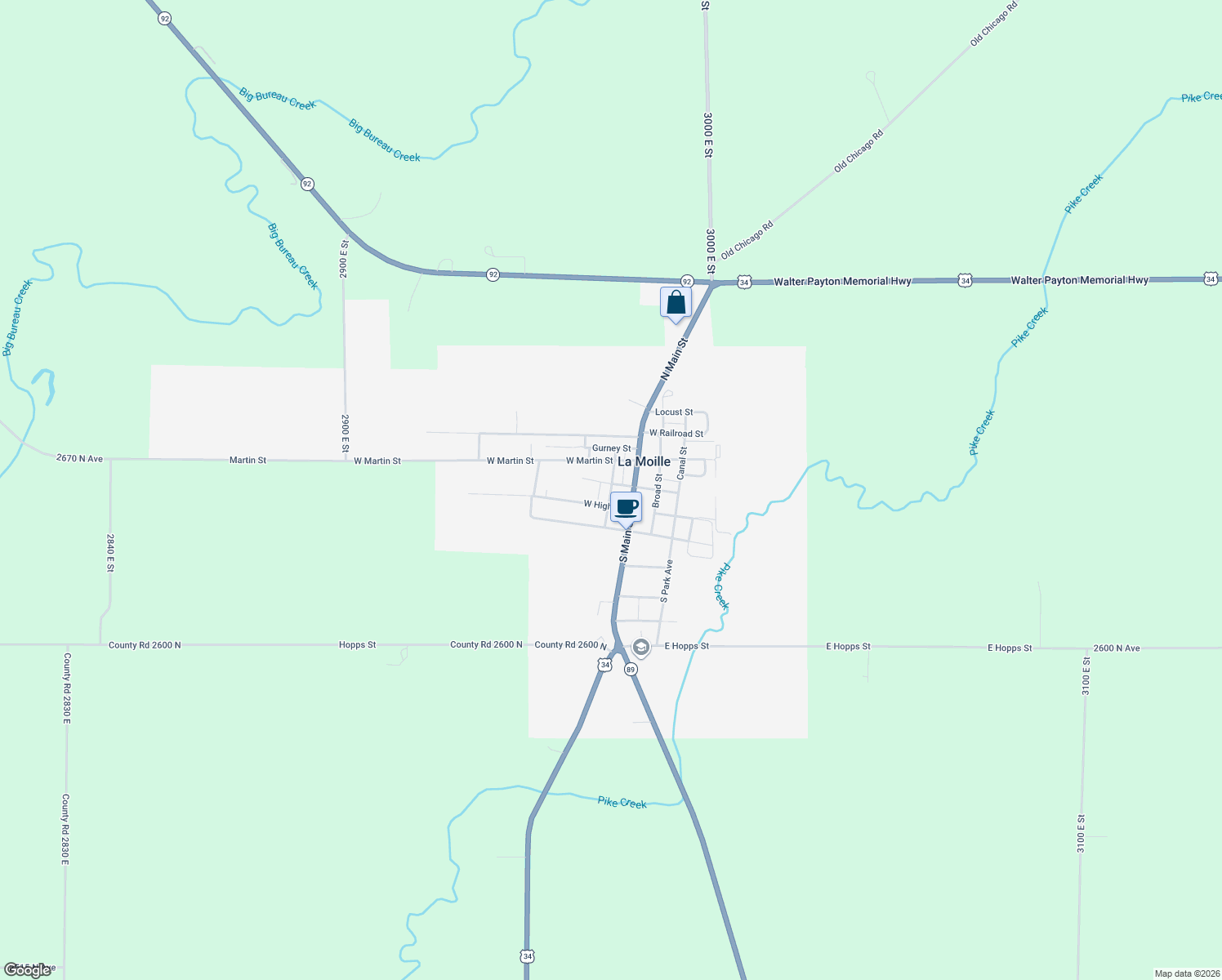map of restaurants, bars, coffee shops, grocery stores, and more near Church St in La Moille