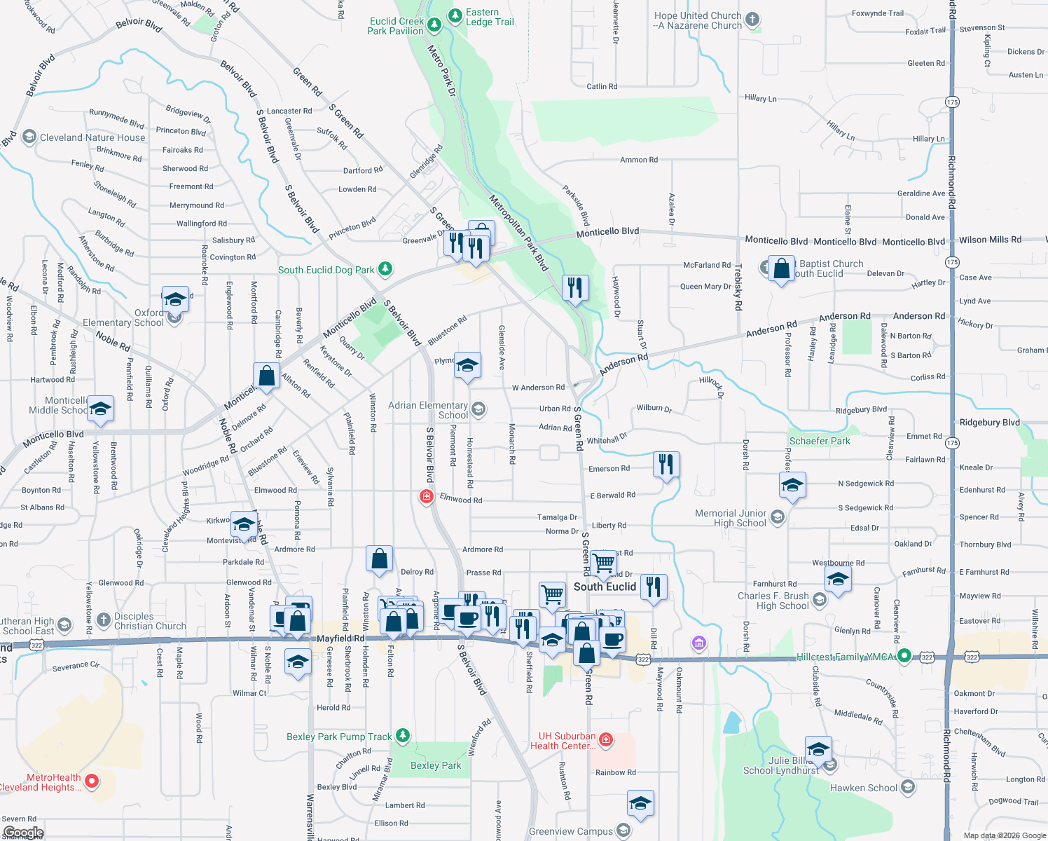 map of restaurants, bars, coffee shops, grocery stores, and more near 4357 Adrian Rd in South Euclid