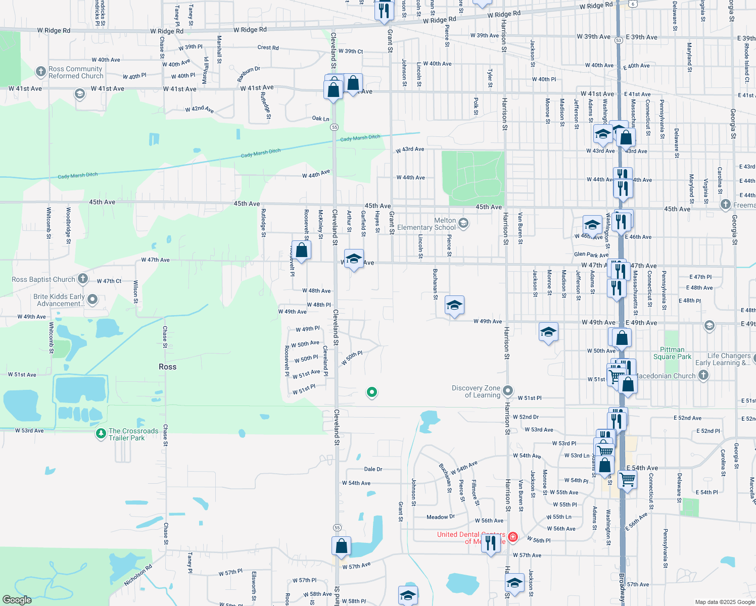 map of restaurants, bars, coffee shops, grocery stores, and more near 1727 W 48th Pl in Gary