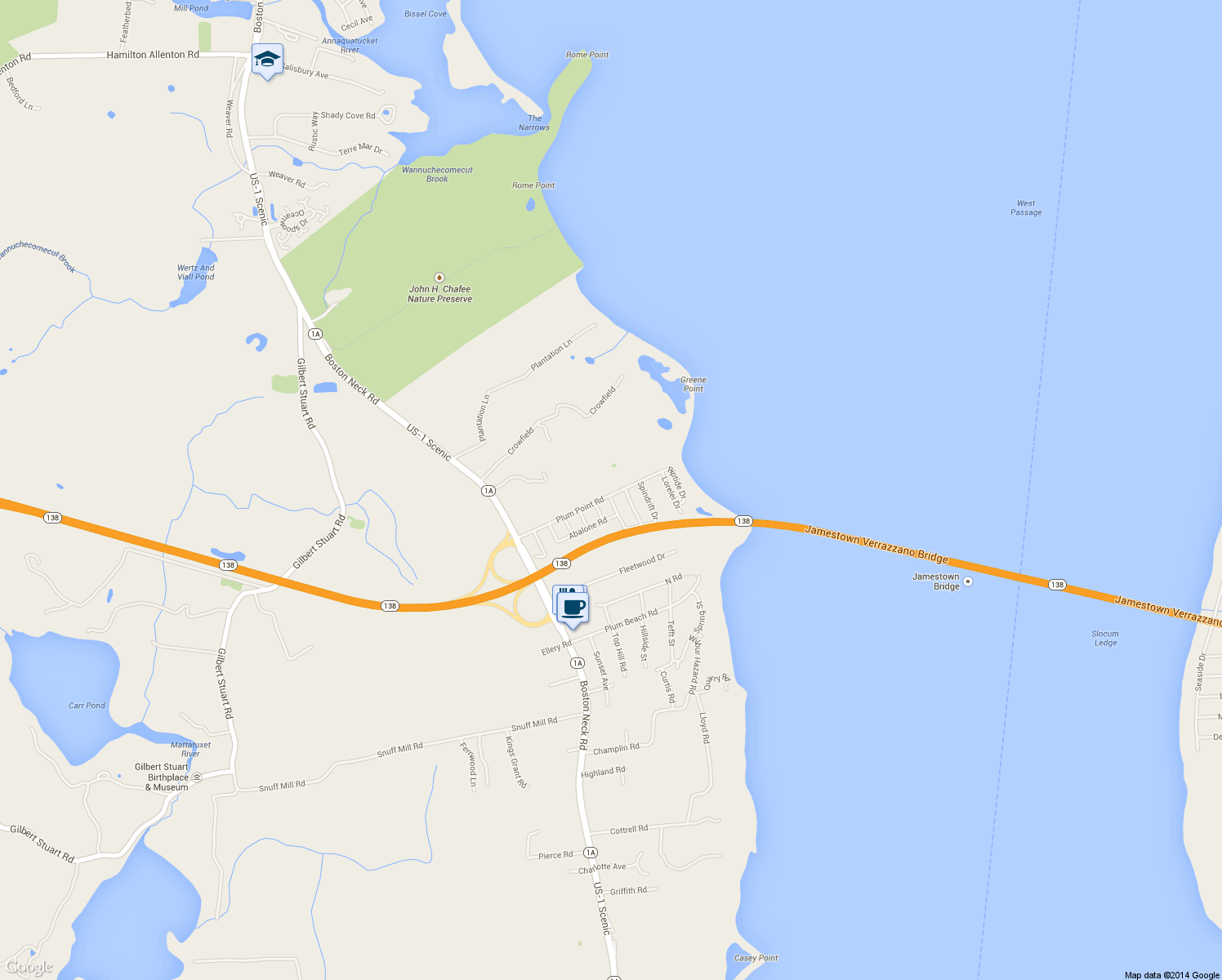 map of restaurants, bars, coffee shops, grocery stores, and more near 150 Plum Point Road in North Kingstown