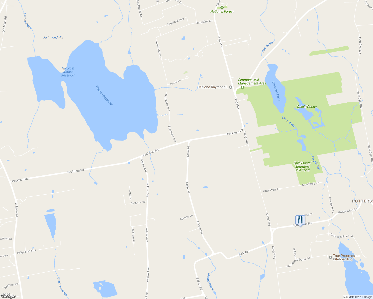 map of restaurants, bars, coffee shops, grocery stores, and more near 9 East Main Road in Little Compton