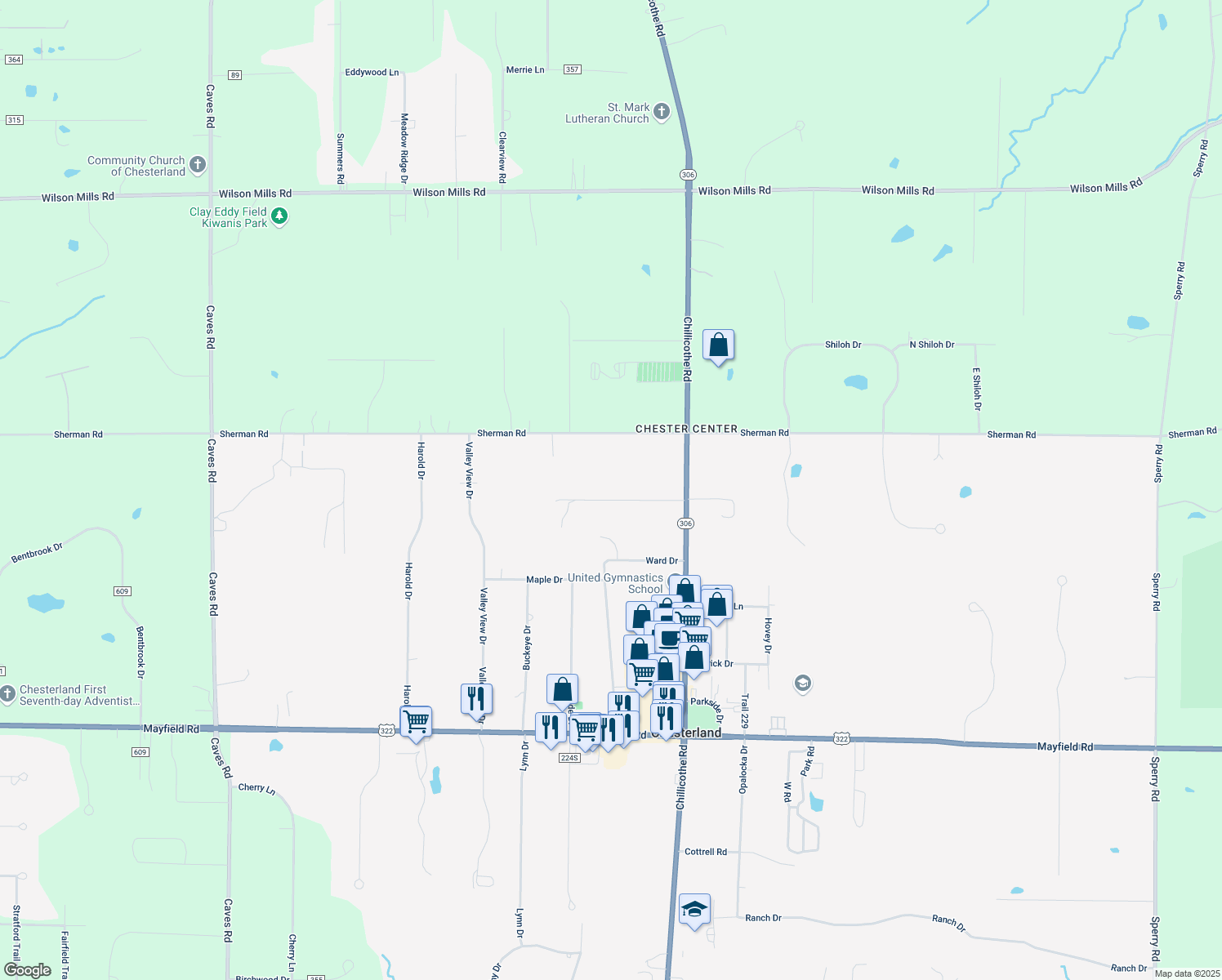 map of restaurants, bars, coffee shops, grocery stores, and more near 8396 Lincoln Drive in Chesterland