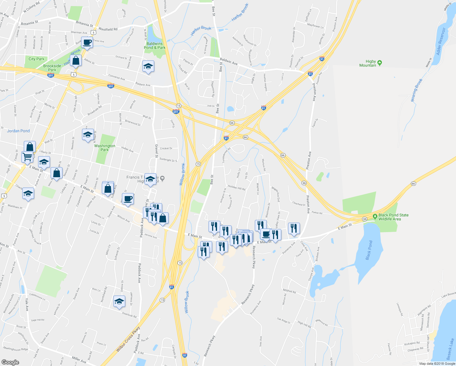 map of restaurants, bars, coffee shops, grocery stores, and more near 75 Holiday Hill Road in Meriden