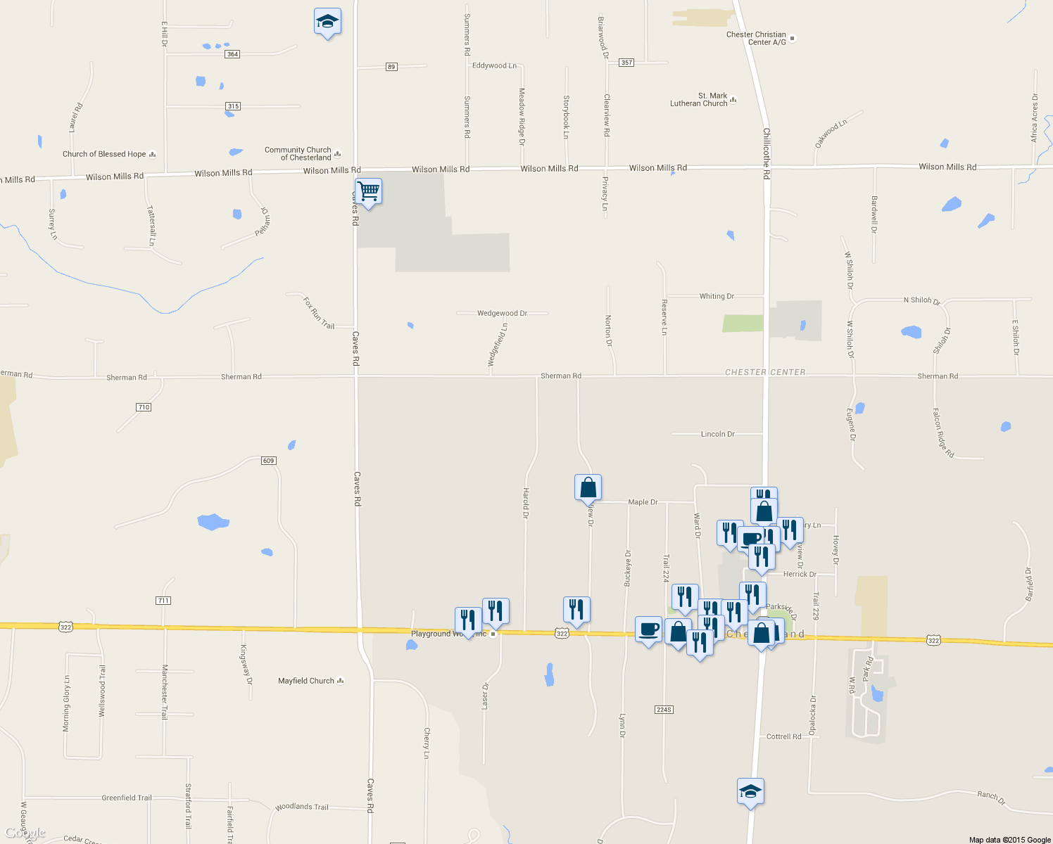 map of restaurants, bars, coffee shops, grocery stores, and more near 12402 Harold Drive in Chesterland