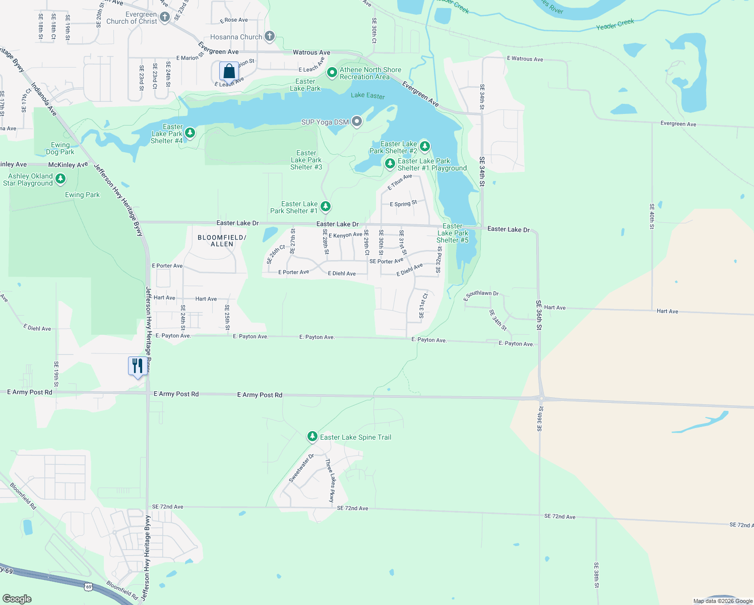 map of restaurants, bars, coffee shops, grocery stores, and more near 5740 Southeast 30th Street in Des Moines